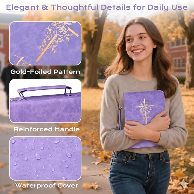 XKDOUS Bible Cover Case for Women, Leather Bible Bags with Handle, Study Supplies Journaling Kit, Gold Foiled Cross Carrying Case Large Church Book Holder Christian Gifts for Lady