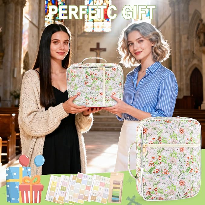 Zkptops Bible Cover Case for Women Large Bible Bag Cotton Quilted Bible Carrying Case with Zipper Pocket and Handle Carrying Book Cover for Christian Study Supplies Christian Gift(Jungle Flowers)