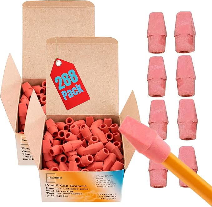 1InTheOffice Pencil Cap Erasers, Assorted Colors, Arrowhead Caps Tops Eraser, Eraser Cap for Art, School, Office Use, and Classroom Set, (Pink, 288 Pack)