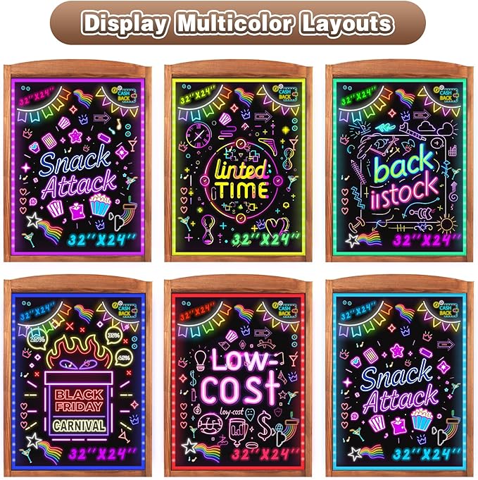 Hosim LED Message Writing Board 28"x20", Standing A-Frame Wooden LED Message Sign Board Illuminated Erasable Neon Restaurant Menu Sign, 8 Colors Markers & 16 Lighting Colors Flashing DIY Chalkboard