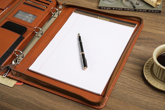 Brown Leather Padfolio for Women/Men, Business Leather Binder 3 Ring Portfolio, Personalized Leather Portfolio Binder, Zippered Portfolio Organizer for A4 Notepad & 13-inch Laptop/Tablet