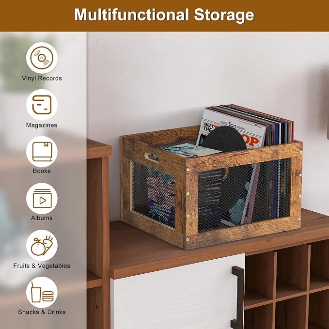 2 Pack Record Storage Box Stackable Vinyl Record Holder Large Capacity Record Crate for Albums, Books, Sheet Music, Rustic Brown