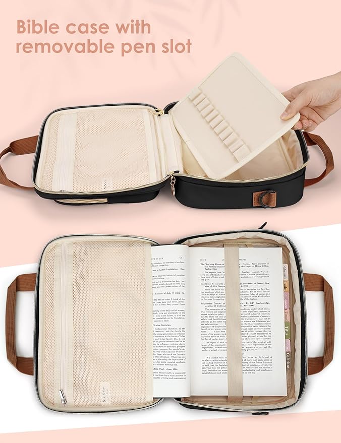 Heouvo Bible Cover Case for Women, Large Bible Bag Carrying Case with Shoulder Strap, Bible Study Supplies Bible Journaling Kit Book Carrying Case with Bible Highlighters Tabs Gift for Lady (Black)