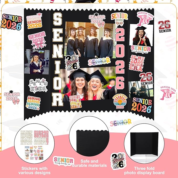 Tinlade 3 Set Senior 2026 Graduation Photo Display Board 24" x 16" Trifold Poster Board with Senior 2026 Themed Stickers for Graduation Picture Frame Table Decor