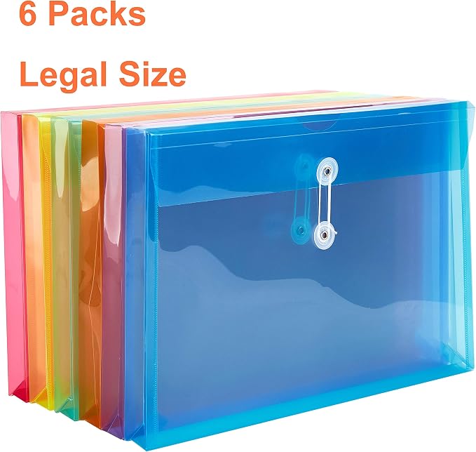 FANWU Plastic Legal Size Envelopes with String Tie Closure, 1-1/4" Expansion, Side Load, Clear File Folders Poly Project Paper Documents Organizer for Office School Home (Assorted Colors - 6 P)