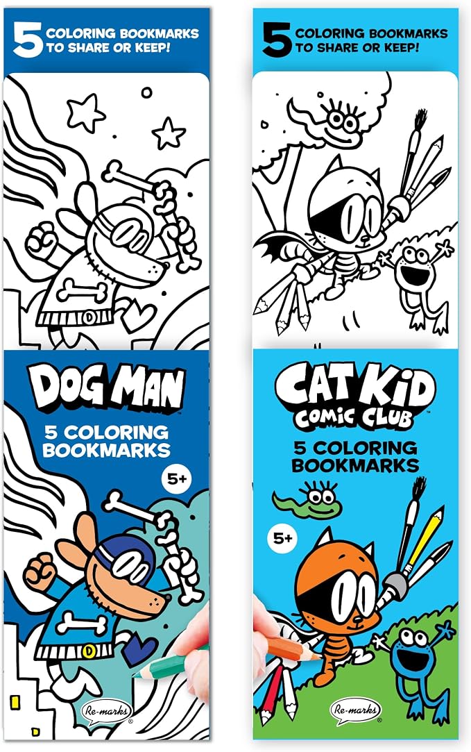 Re-Marks “Dog Man and Cat Kid” Colormarks Collection - 2 Sets of 5 Coloring Bookmarks