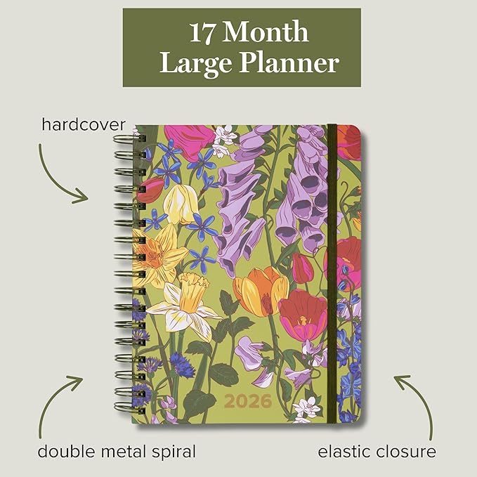Vera Bradley 2025-2026 Large Planner Daily Weekly & Monthly, 17 Month Hardcover Agenda Dated Aug 2025-Dec 2026, Cute Planner with Stickers, Pockets, & Spiral Binding, Meadow Bouquet
