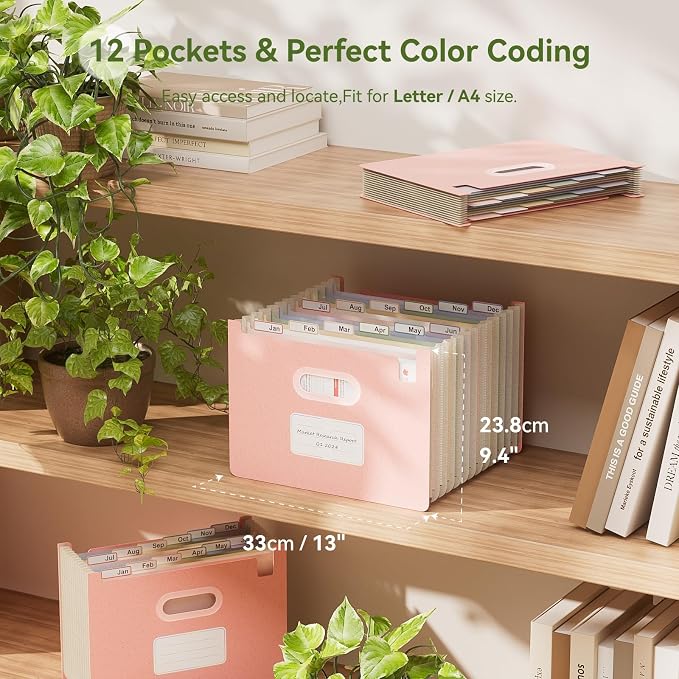 EcoStash 12 Pockets Accordion File Organizer, Wheat Straw File Folders, Upright & Open Top, Monthly Bill Receipt Organizer, 100% BPA Free, Return to Nature, Letter/A4 Size - Strawberry Pink