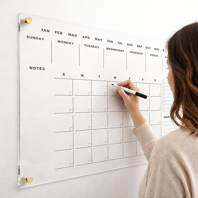 Acrylic Dry Erase Wall Calendar - Reusable Family Planner, Housewarming Gift, Horizontal Monthly Organizer Board (Gold Standoff, 40"x28")