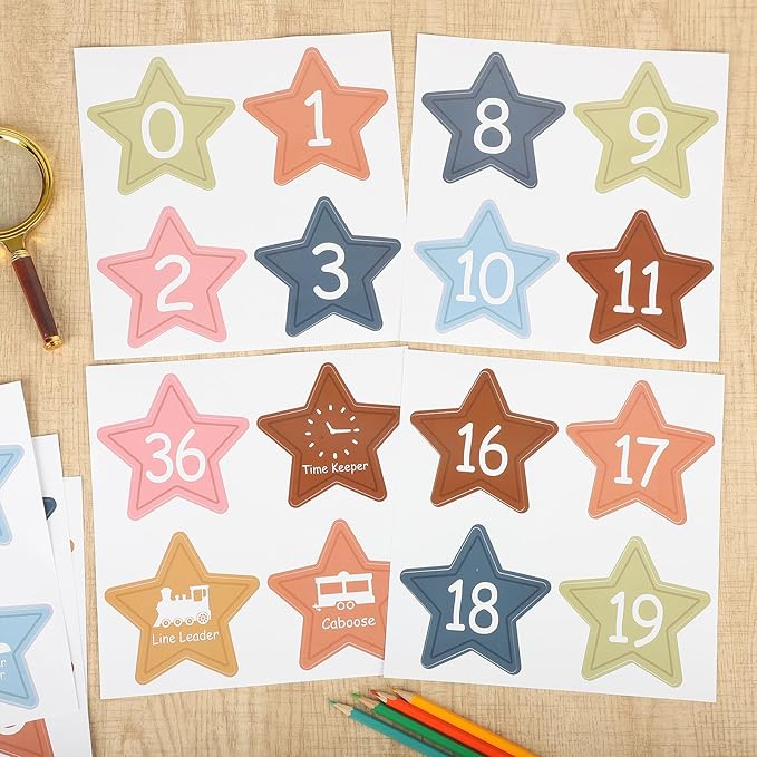 COCHIE Colorful Line Up Spots for Classroom Floor Decorations, 52PCS 4" Number Stickers for Teachers, Vinyl Floor Dots Decals, Back to School Supplies for Preschool, Kindergarten, Elementary (Star)