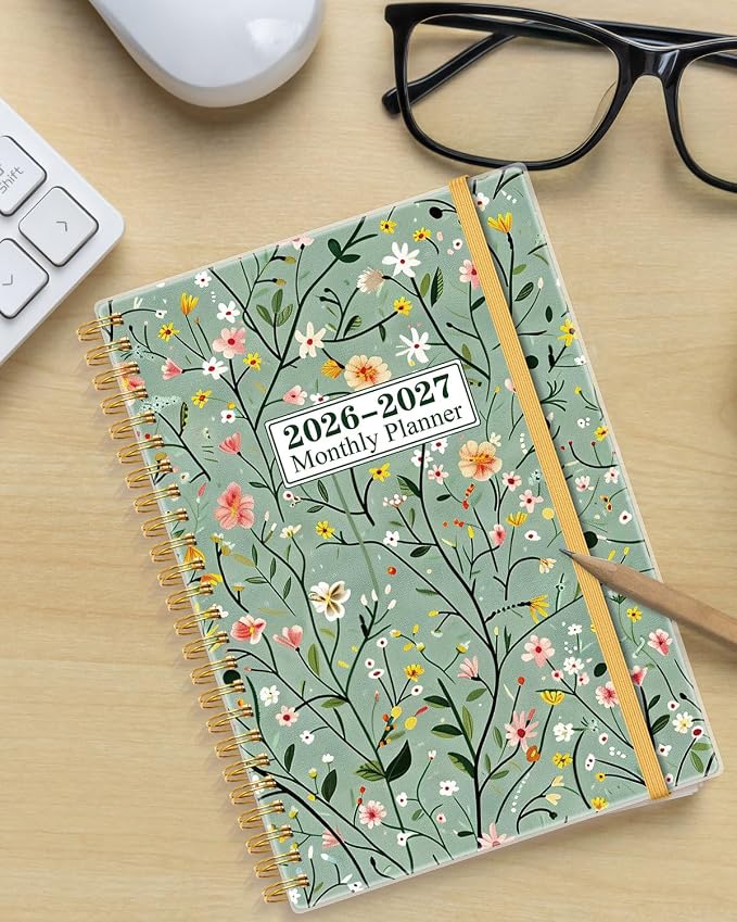 Monthly Planner 2026-2027 – Monthly Calendar from May 2026 to December 2027, 20 Month Planner with Spiral Binding, Inner Pocket, Elastic Closure, 5.8" x 8.5", Flower-B