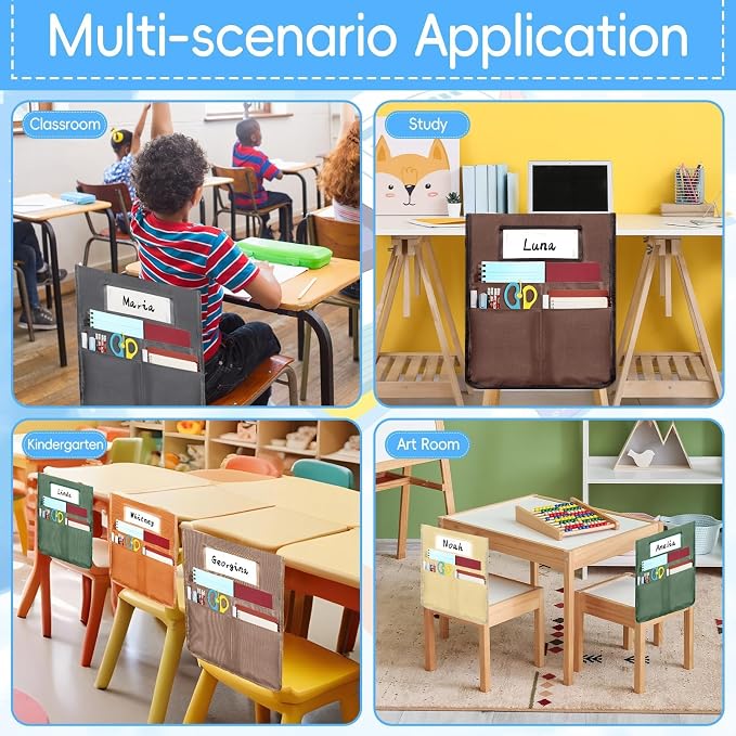 gisgfim 12 Pcs Chair Pockets for Classroom 16.7 x 19.3 Inch s with Name Tag Chairback 3 Pockets Chairs Seat Back Organizer for Elementary School Daycare Home Supply (Maillard)