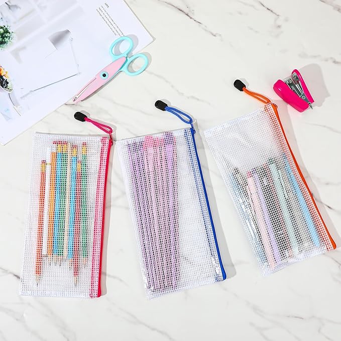 Kifmurase 100Pcs Pencil Pouches Bulk, 9.25'' x 4.5'' Mesh Zipper Pouch, 10 Colors Pencil Case, Small Clear Holder Storage Bag, Cosmetics Toiletry Bags for Office, File, Travel, Stationery