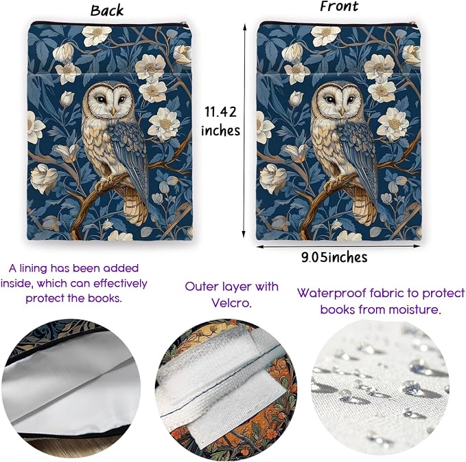 Vintage Flower Owl William Morris Book Sleeve for Book Lovers, Bookish Book Protector with Zipper, Washable Fabric Book Cover for Paperbacks & Hardcovers,11.4 x 9.1Inches (Blue-Owl, Medium)
