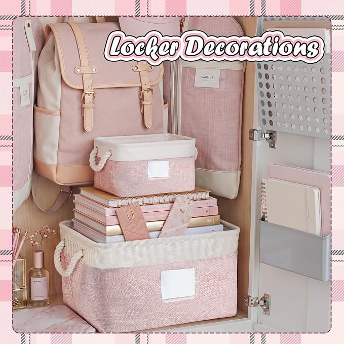 Gerrii 2 Pcs Locker Accessories Kit Pink Locker Organizers Storage Bin with PVC Label Fabric Basket Back to School Essentials Sturdy Cube Storage Bin for Back to School Cabinet Organizer Decor
