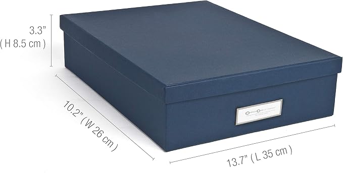 Bigso Oskar Fiberboard Label Frame Document Letter Box - File Organizer Box for Important Paperwork - Document Storage with a Lid & Metal Label Window - 3.3 in x 10.2 in x 13.8 in - Dark Blue