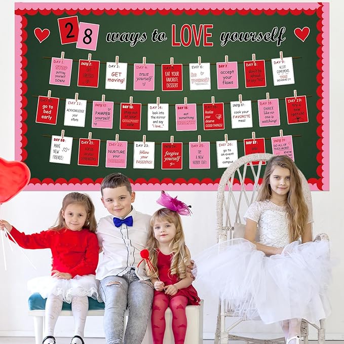 gisgfim Valentine's Day Bulletin Board Set Decoration Valentines Love Heart Paper Cutouts for Craft Projects Valentine's Day School Classroom Party Blackboard Wall Supplies(28 Ways to Love Yourself)
