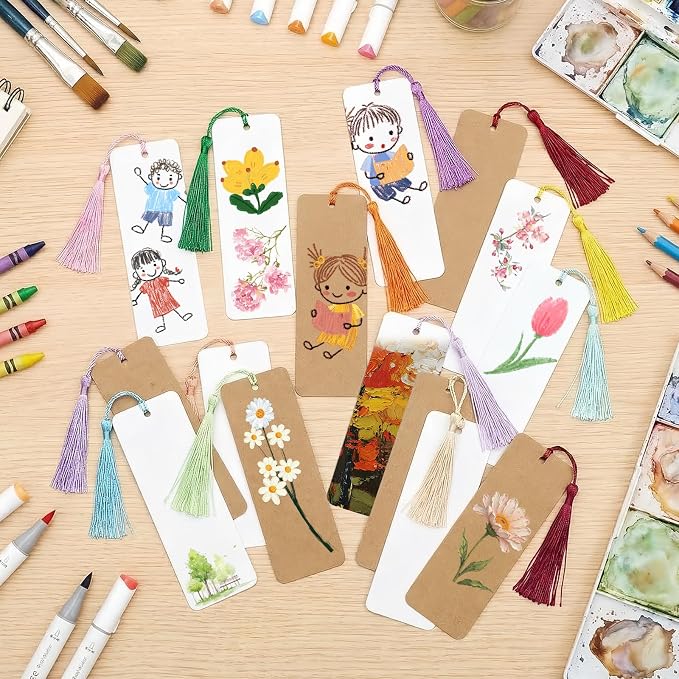 MXCOIRTP 120 Pcs Blank Bookmarks with 120 Colorful Tassels, Thick 350GSM Cardstock Paper and Transparent Acrylic Bookmarks for DIY Crafts, Holiday Reading, Classroom Projects and Gift Tags, 6x2 Inch