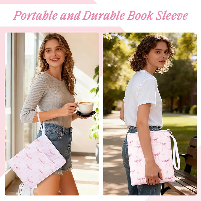 Book Sleeve with Zipper, 11''x 9'' Waterproof Paperback Sleeve for Book Lovers Books Pouch Cover with Handle for Hardcovers Kindle Sleeve for Reader Teacher Women (Light pink bow tie, 11x 9 inch)