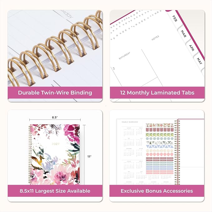 Blue Sky Kelly Ventura 2027 Weekly and Monthly Planner Calendar, January 2027 - December 2027, 8.5" x 11", Flexible Cover, Laminated Tabs, Durable Twin Wire Binding, Storage Pocket, Includes Sticker Sheet, Magenta Blooms