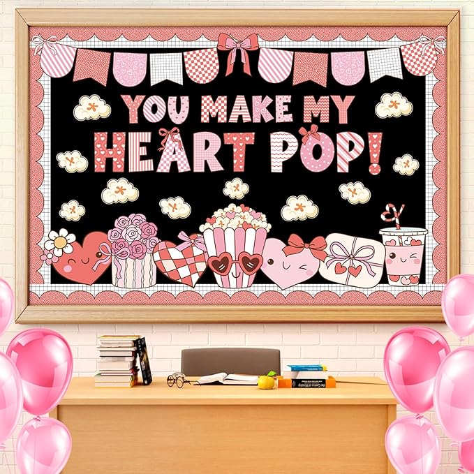 Mooliwe 100 Pcs Valentine's Day Bulletin Board Decorations Set You Make My Heart Pop Valentines Classroom Decorations Popcorn Heart Cutouts February Bulletin Board for Party Home School Wall Decor