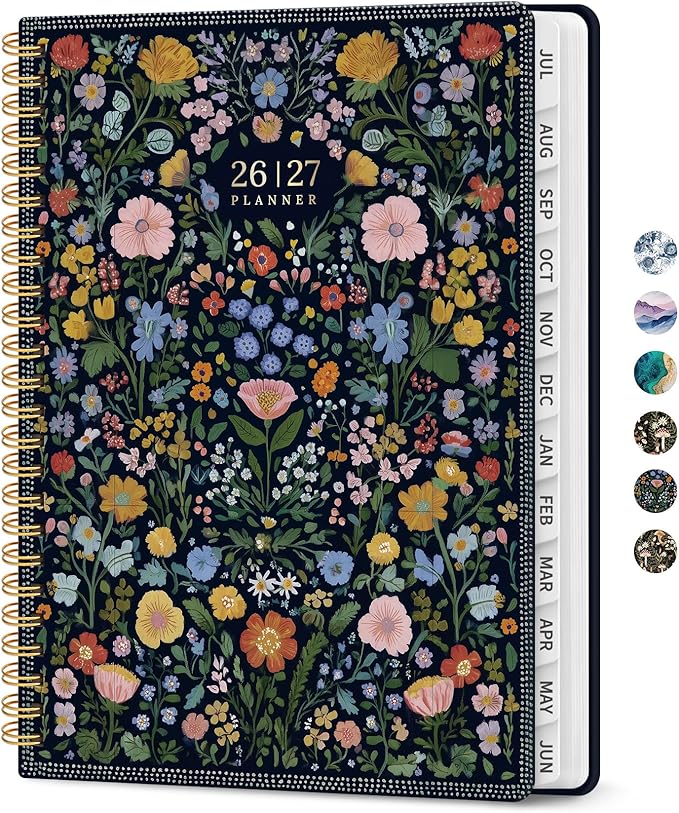 Planner 2026-2027, Academic Monthly and Weekly Calendar Planner for Women, July 2026 - June 2027, Hardcover Pretty Agenda Planner Book with Tabs, Spiral Daily Organizer for School Office Home Supplies, 6.3" x 8.5" - Garden of Whimsy