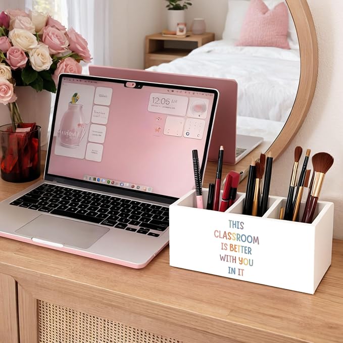 Wooden Desk Organizer for Teachers with Quote This Classroom Is Better With You In It, 3 Compartment Pen Holder, Teacher Appreciation Gift, Classroom Desk Decor