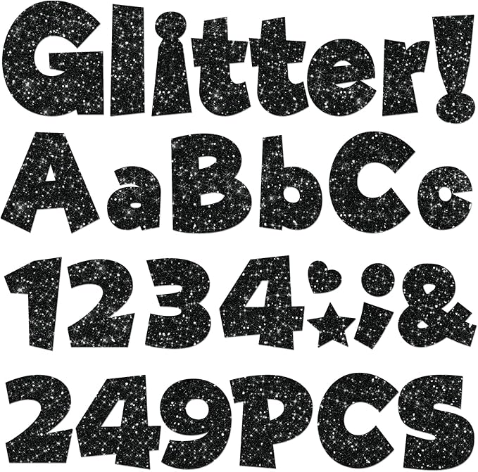 249 Pcs Glitter Bulletin Board Letters Numbers and Punctuation, 4 Inch Alphabet Poster Board Cardboard Letter Cutouts with Adhesive Dots for Classroom Bulletin Board School Decorations (Black)
