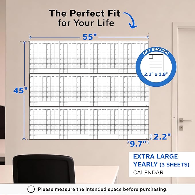 Yearly Dry Erase Calendar for Wall, 45x55, 12 Month Wall Calendar Dry Erase, Full Year White Board for Office, Home & School, Giant Annual Erasable Whiteboard, Jumbo Undated White Board Planner