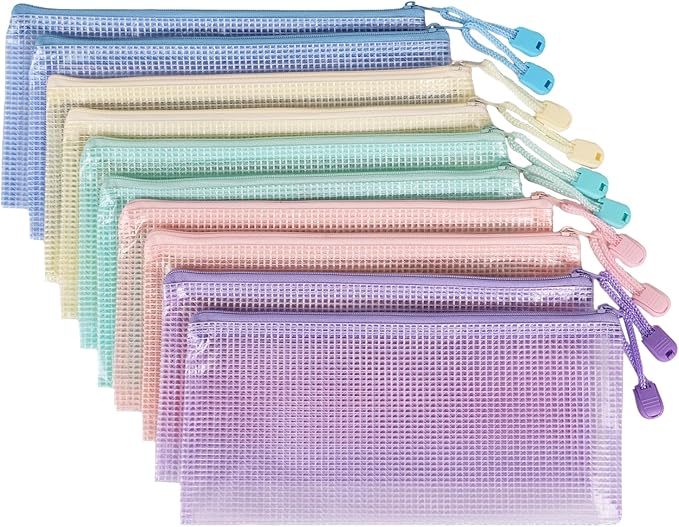 10 Pcs A6 Clear Zipper Pouch Bags - 5 Colors Plastic Mesh Storage Organizers for School Supplies, Office Travel Accessories & Classroom Organization (A6)