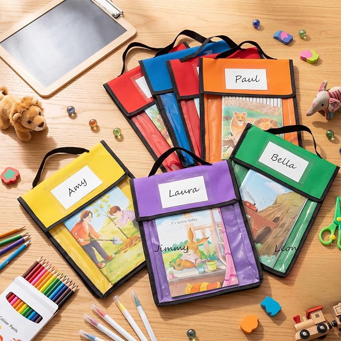 Teling 12 Pack 11 x 14 Inch Clear Book Pouches with Handles and Name Tags, Heavy Duty Reusable Library Book Bags for Classroom, Students Kids and Teacher Supplies (Colorful)