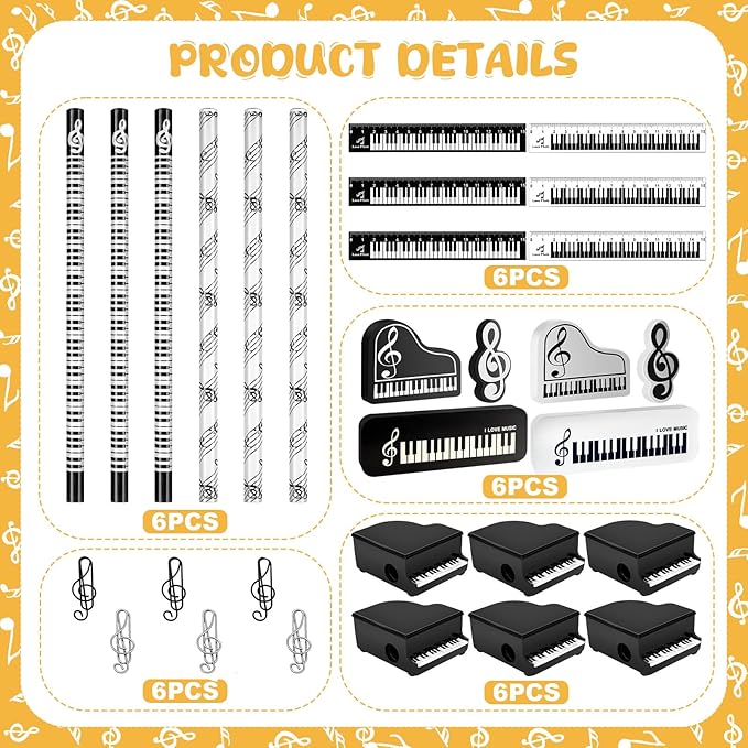 30 Pcs Music Pencil Stationery Set Back to School Gift Piano Prizes Music Note Pencil Paper Clips Rulers Piano Pencil Sharpeners Erasers Music Themed Gifts for Classroom First Day of School