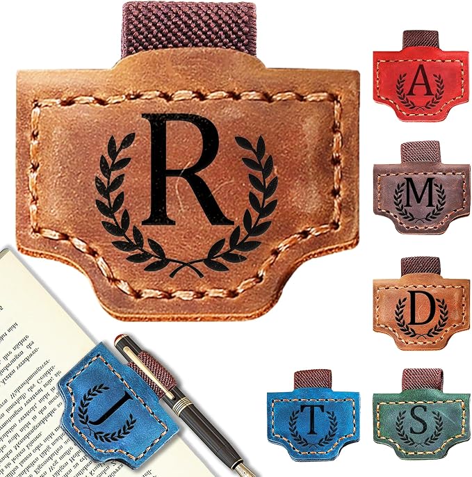 Personalized Leather Magnetic Bookmark with Pen Holder, Bookmark 26 Letters Name Initial Bookmarks for Readers, Book Lover Gifts for Women Men Notebook Accessories (Brown, R)