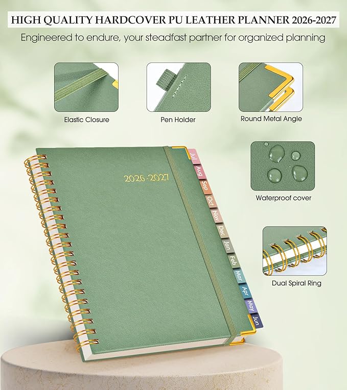 Academic Planner 2026-2027, Hardcover Leather Weekly and Monthly Calendar Planner from July 2026 - June 2027, A5 6.1" x 8.2" Daily Agenda with Tabs, College School Organizer for Student Teacher, Green