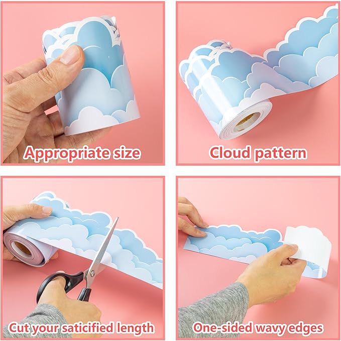 66 ft Blue Sky Clouds Bulletin Board Border Cloud Shaped die-Cut Border Trim Paper Cutouts roll for School Chalkboard Bulletin Board Window Wall Party Decor