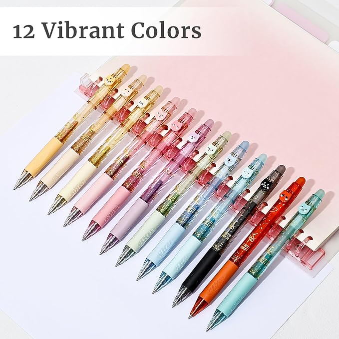 12 Colors Cute Glitter Erasable Pens, 0.5mm Fine Point Colored Retractable Gel Pens, Smooth Writing Ink Pen Marker Make Mistakes Disappear for Coloring Note-Taking Supplies