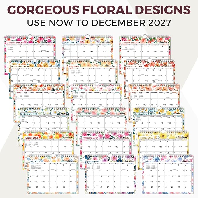 CRANBURY Wall Calendar 2026-2027, 8x6", 18 Months Jul. 2026 to Dec. 2027, Thick Paper, Small Desk & Wall Planner for Office, School, Mini Monthly Hanging Calendar with Stickers, Floral
