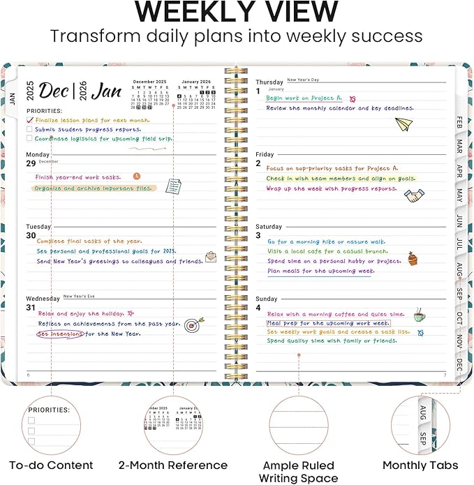2026 Planner, Weekly and Monthly Calendar Planner Book, January 2026 - December 2026, Hardcover Spiral Planner with Monthly Tabs, Notes Pages, Perfect for Women & Men, A4 (8.5" x 11") - Peacock