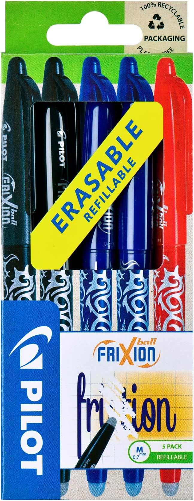 Pilot Frixion Erasable Rollerball 0.7 mm (Pack of 5) - 2 Black/2 Blue/1 Red