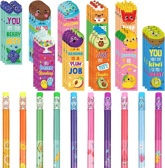 Teling 60 Pcs Inspirational Scented Pencils and Scented Bookmarks Sets Funny Pencils with Eraser Theme Bookmarks Cute Stationery Bulk for Reading Rewards Party Favors(Cute)
