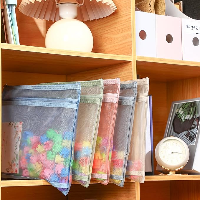 Marspark 20 Pack Mesh Zipper Pouch Bags, Nylon Puzzle Building Block Sets Storage & Organization A5 Plastic Clear Zipper Pouches with Handles for Travel Office Games, 5 Colors
