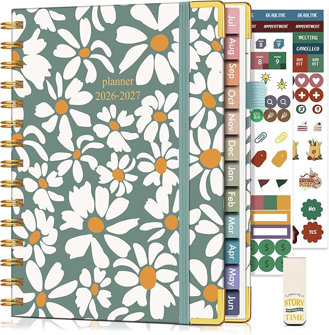 Academic Planner 2026-2027, Hardcover Weekly and Monthly Calendar Planner from July 2026 - June 2027, 6.1" x 8.2" A5 Daily Agenda with Tabs, College School Organizer for Student Teacher, Field of Daisies
