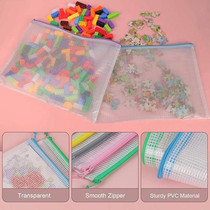 MultiBey 10 Pack 10 Colors Mesh Zipper Pouch Bags, B4-15.4 x 10.8 Inch Large Reusable Mesh Document Bag Zipper File Pouch for Organizing Board Games, Puzzles, Office Supply and Home Organizer