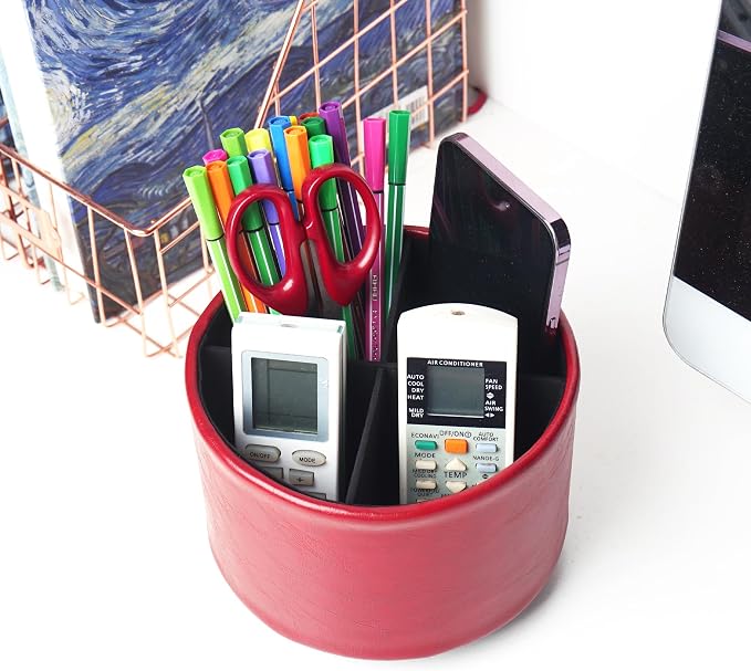 Round Leather Art Supply Organizer,Remote Control Holder,360 Degree Spinning,Multi-Functional Pencil Holder,4 Compartments Desktop Stationary Organizer(1-Oil Red)
