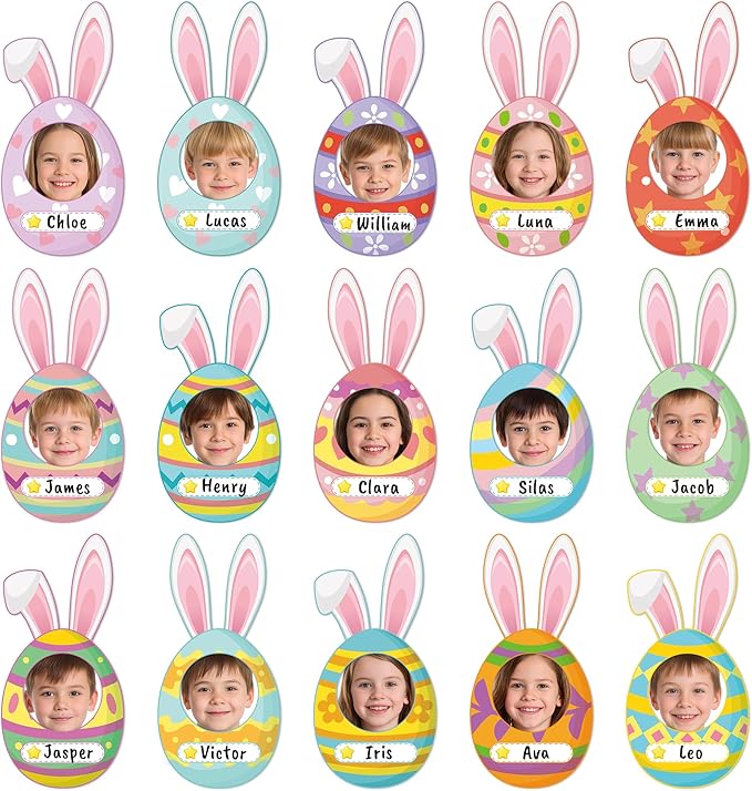 83Pcs Easter Bunny Ear Egg Cutouts for Bulletin Board Decorations, Colorful Easter Rabbit DIY Photo Name Tag Craft Kit, Spring Classroom Chalkboard Door Wall Decor Home School Party Supplies