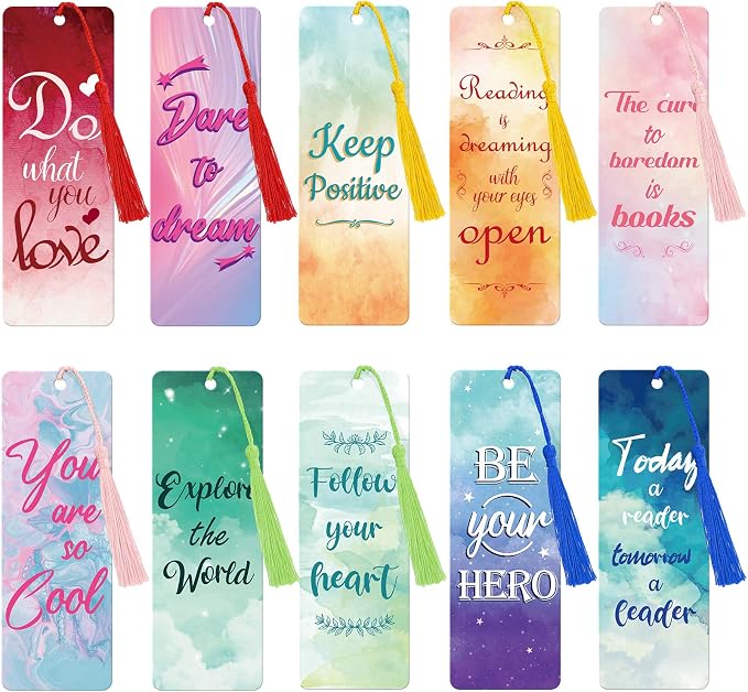 20 Pieces Inspirational Quote Bookmark with Tassel Motivational Bookmarks Positive Page Marker for School Office Students Bookworm Presents, 10 Designs