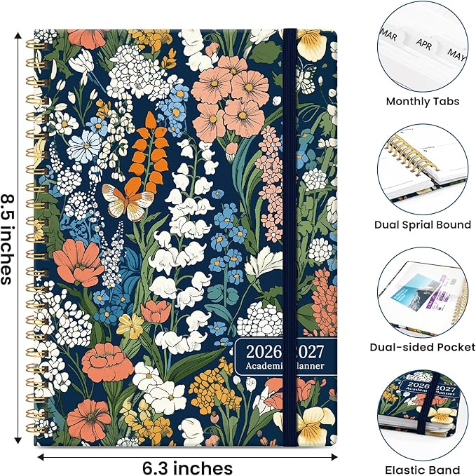 2026–2027 Academic Planner, Weekly and Monthly Planner for Women, July 2026 - June 2027, Pretty Hardcover 2026–2027 Academic Planner with Tabs, Inner Pocket, Spiral Bound, Perfect Office Home School Supplies - 6.3" x 8.5", Botanical Tapestry