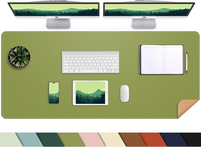 AFIING Cork Desk Mat 47" x 23.6", Dual-Sided Natural Cork & PU Leather Desk Pad, Non-Slip Waterproof Large Mouse Pad for Office, Home & Gaming (Olive Green)