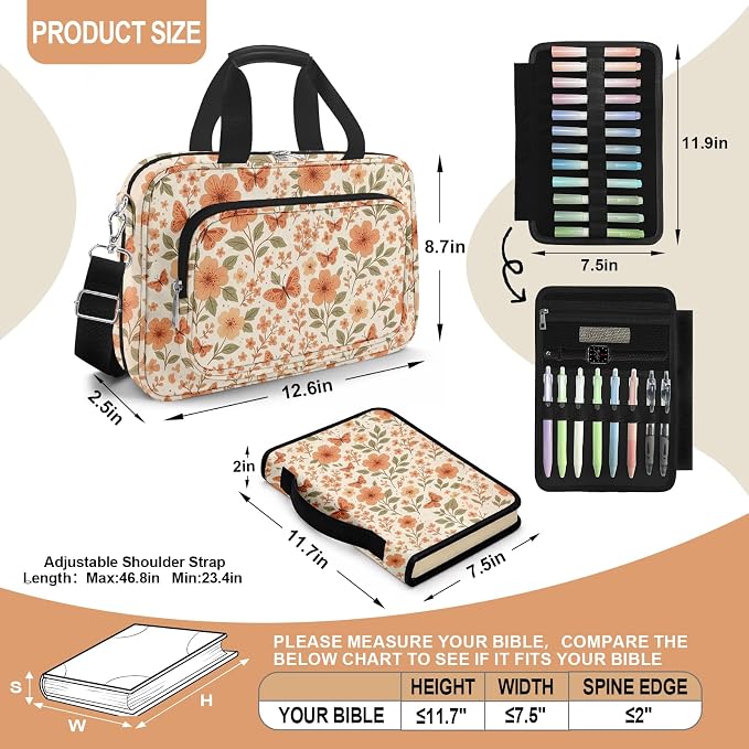 Butterfly Bible Cover Case for Women, Bible Bag for Women Organizer with Handle Zipper Pocket, Bible Study Supplies Journaling Kit, Pens Highlighters Cross Clips Tabs Christian Gift