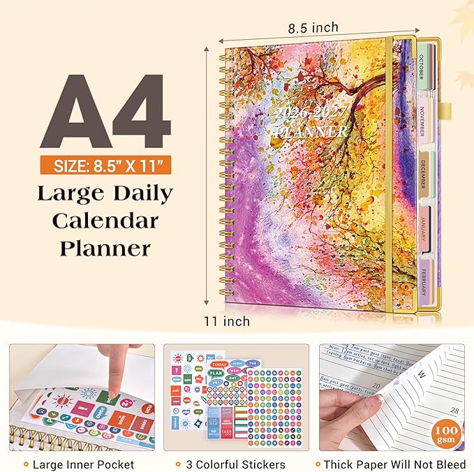 Planner 2025-2027, 21 Months Weekly and Monthly Daily Planner from October 2025 - June 2027, 8.5" x 11" A4 Large Hardcover Agenda Organizer Book 2026 with Tabs, Spiral Yearly Calendar Planners for School Work Home, Autumn Tree